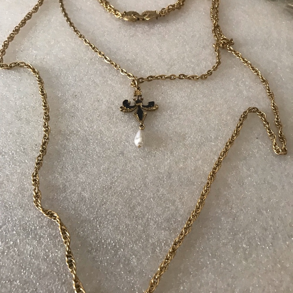 Gold-tone Black Enamel Pendant Necklace with Pearl Drop